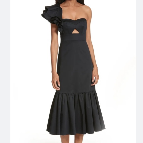 NEW REBECCA TAYLOR One Shoulder Ruffled Midi DRESS SIZE 4 $495 BLACK